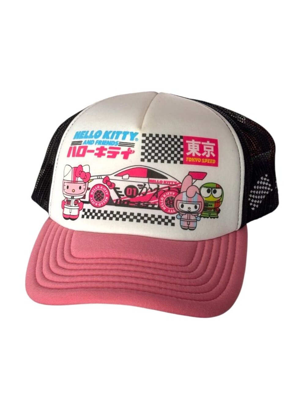 Sanrio Hello Kitty and Friends Pink Black Tokyo Speed Racing Trucker Hat Cap